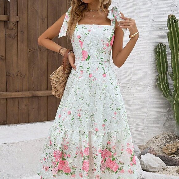 White Boho Women's Floral Print Ruffle Square Neck Spaghetti Straps Maxi Dress - Picture 5 of 6